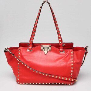 Valentino Red Leather Rockstud Trapeze Small Tote Bag